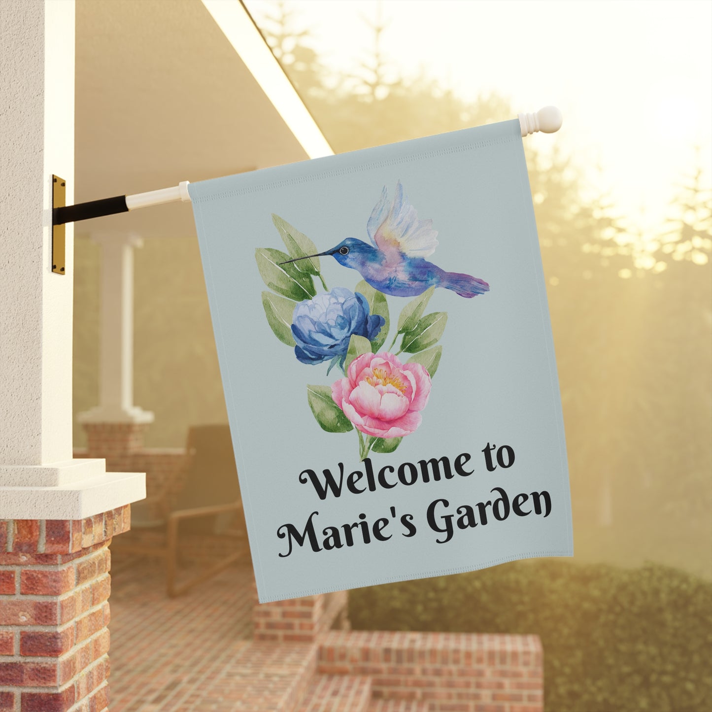 Personalize it! "Welcome to Marie's Garden" Floral Hummingbird Yard Banner
