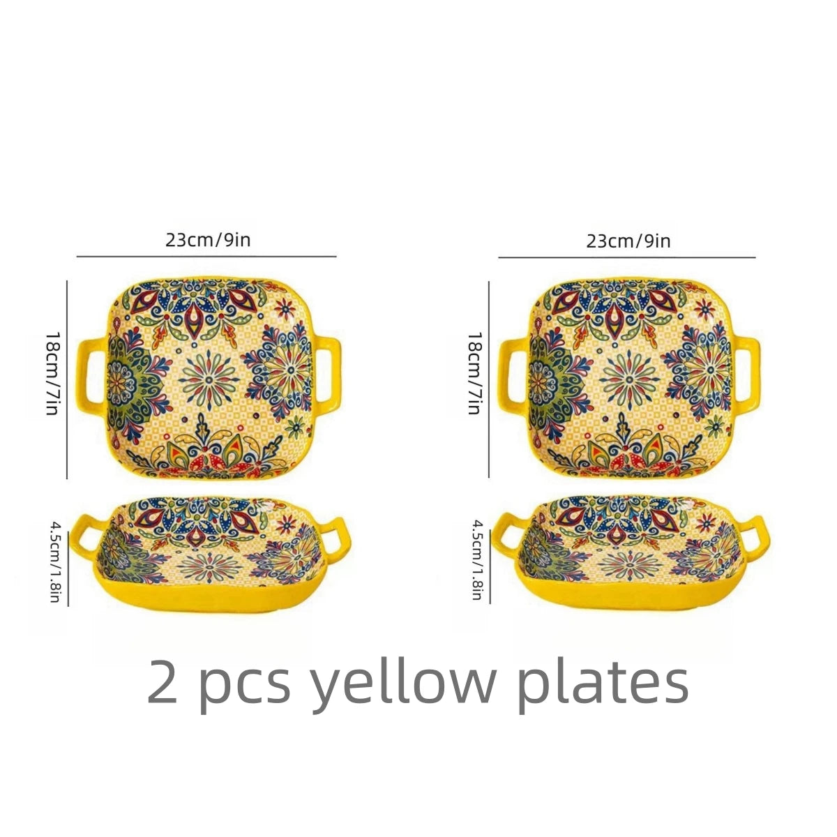 Bohemian Double Ear Ceramic Salad Plate — 9-Inch Square Pasta Dish, Oven & Microwave Safe in 8 Colors