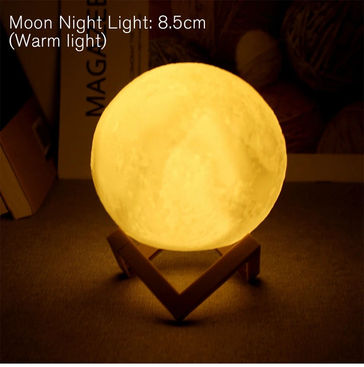 8cm LED Moon Lamp Night Light with Stand — Battery Powered Starry Bedroom Decor in 3 Light Colors