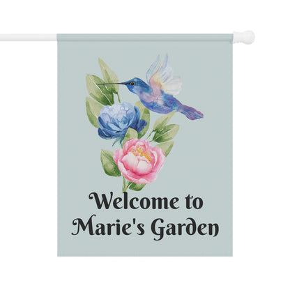 Personalize it! "Welcome to Marie's Garden" Floral Hummingbird Yard Banner