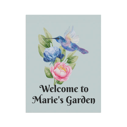 Personalize it! "Welcome to Marie's Garden" Floral Hummingbird Yard Banner
