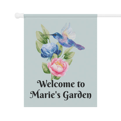 Personalize it! "Welcome to Marie's Garden" Floral Hummingbird Yard Banner