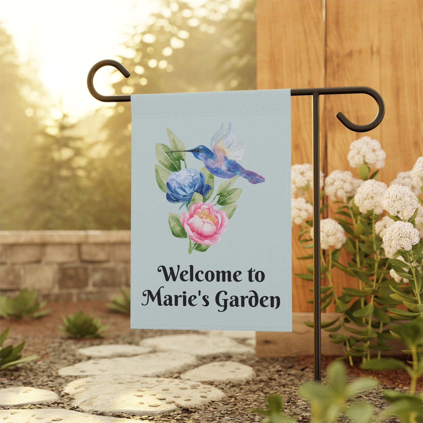 Personalize it! "Welcome to Marie's Garden" Floral Hummingbird Yard Banner
