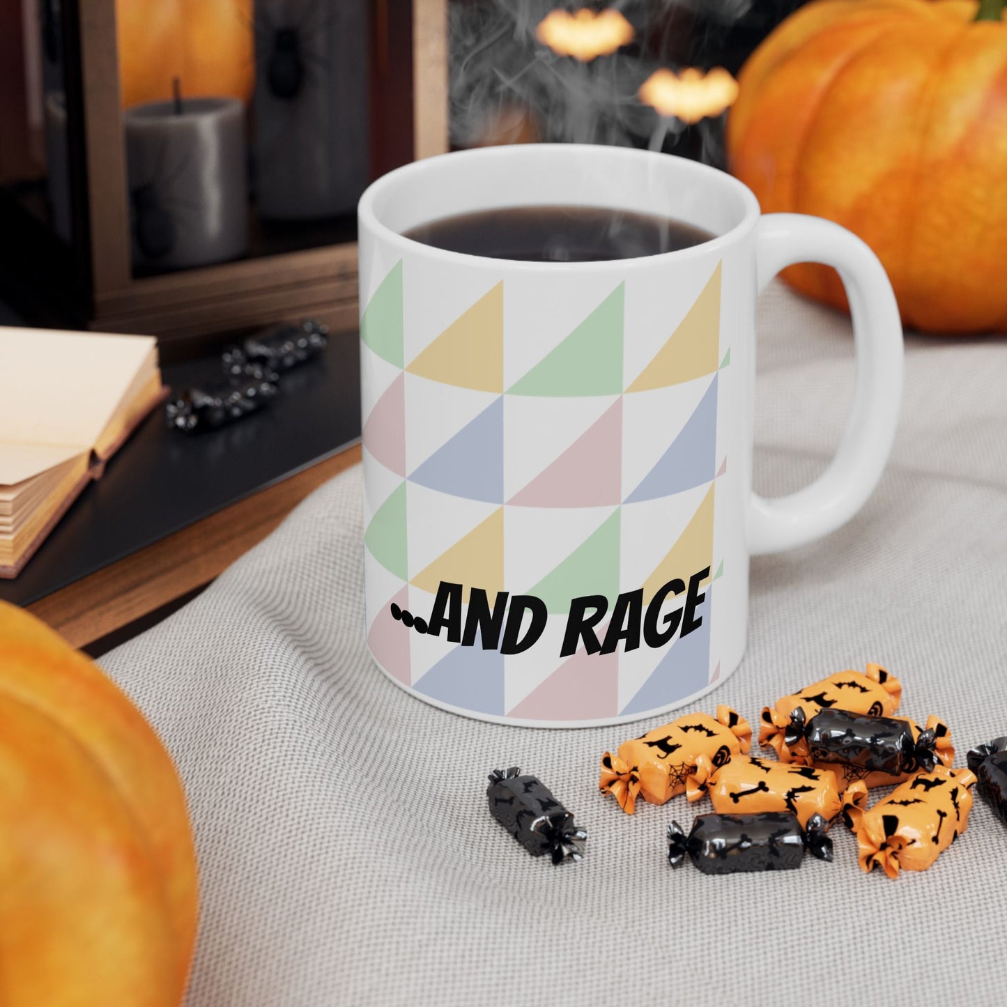 "Fueled by Caffeine" Pastel Geometric Ceramic Mug — 11oz & 15oz