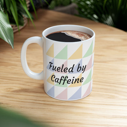 "Fueled by Caffeine" Pastel Geometric Ceramic Mug — 11oz & 15oz