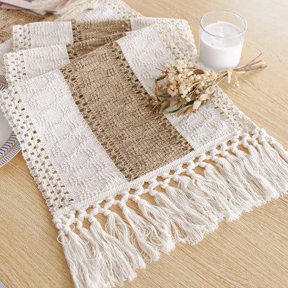Macrame Tassel Table Runner — Cream & Brown Boho Farmhouse Table Runner in 11 Sizes