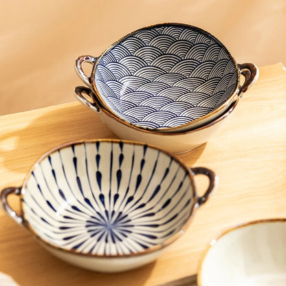 Japanese Ceramic Bowl with Handle — 7.5" Floral Soup, Noodle & Salad Bowl