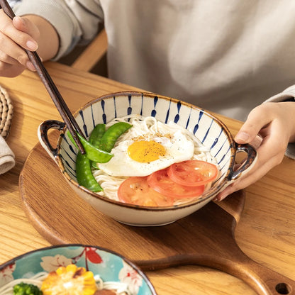 Japanese Ceramic Bowl with Handle — 7.5" Floral Soup, Noodle & Salad Bowl