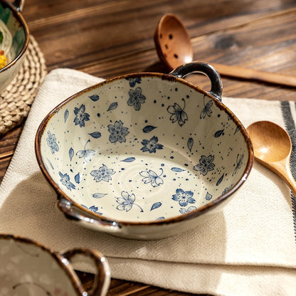 Japanese Ceramic Bowl with Handle — 7.5" Floral Soup, Noodle & Salad Bowl