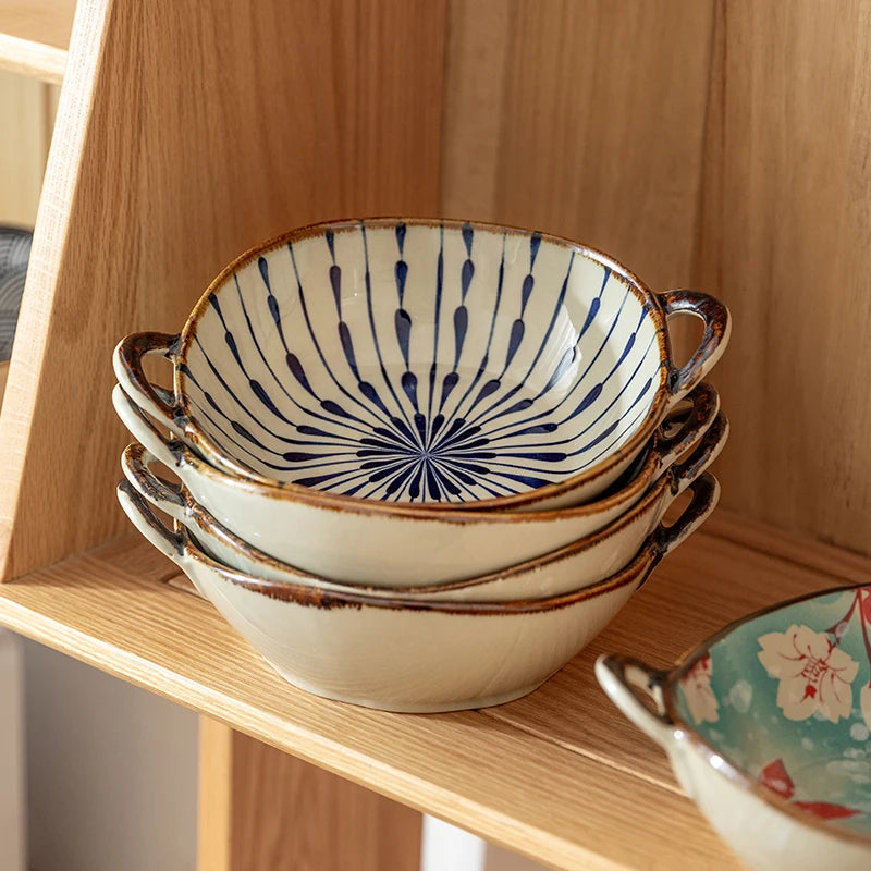 Japanese Ceramic Bowl with Handle — 7.5" Floral Soup, Noodle & Salad Bowl
