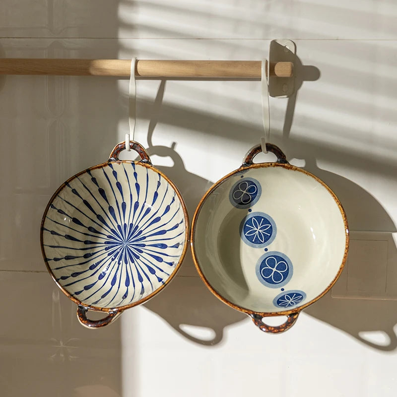 Japanese Ceramic Bowl with Handle — 7.5" Floral Soup, Noodle & Salad Bowl