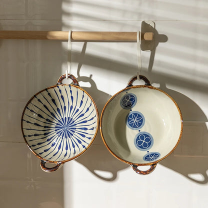 Japanese Ceramic Bowl with Handle — 7.5" Floral Soup, Noodle & Salad Bowl