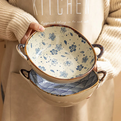 Japanese Ceramic Bowl with Handle — 7.5" Floral Soup, Noodle & Salad Bowl
