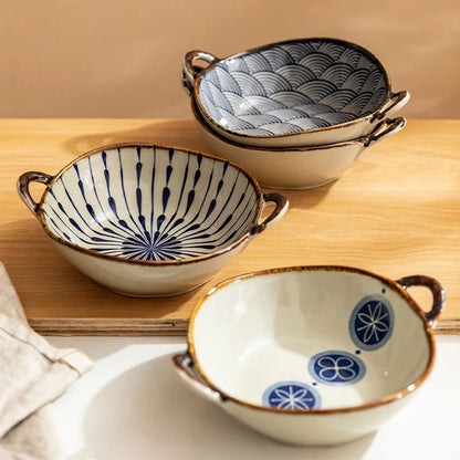 Japanese Ceramic Bowl with Handle — 7.5" Floral Soup, Noodle & Salad Bowl