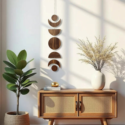 Bohemian Wooden Moon Pendant Wall Hanging — Natural Wood Boho Room Decor