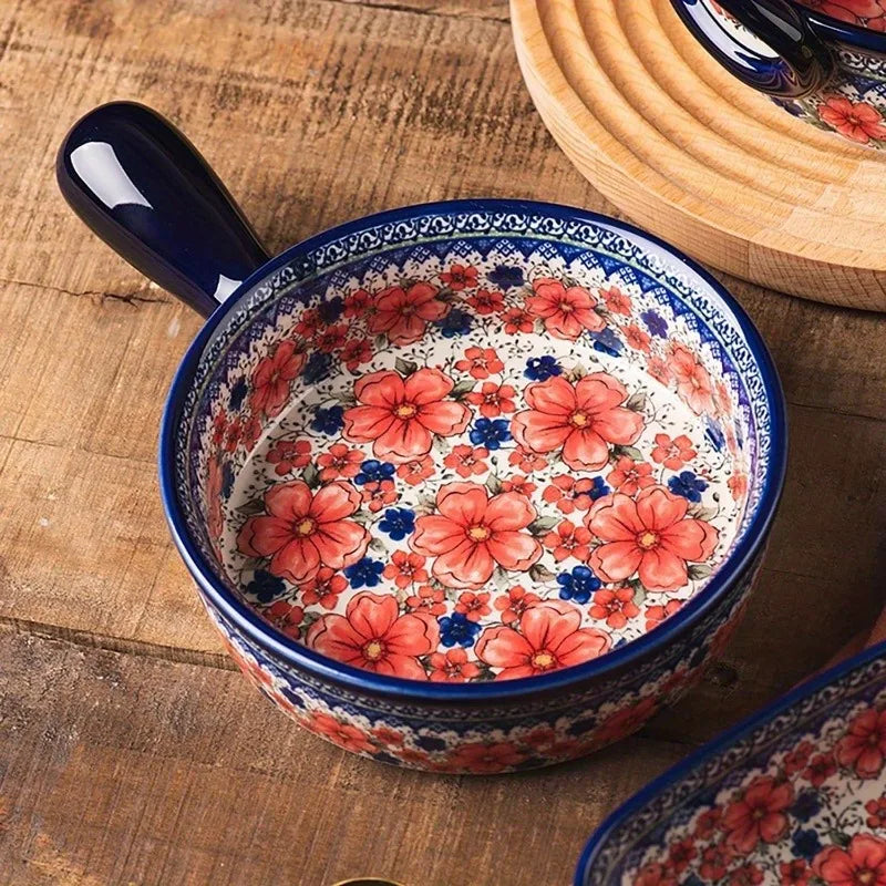 Hand-Painted Floral Ceramic Roasting Pan with Handles — Oven-Safe Casserole & Baking Dish