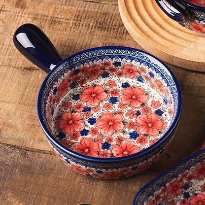 Hand-Painted Floral Ceramic Roasting Pan with Handles — Oven-Safe Casserole & Baking Dish
