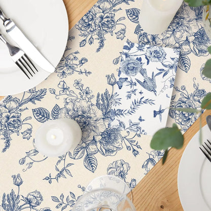 Chinoiserie Blue Flower Table Runner — Reusable Printed Linen-Look Runner for Dining & Holiday Decor