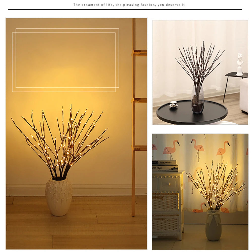 LED Willow Branch Twig Lamp — 20-Bulb Bendable Vase Light for Bedroom & Home Decor in 6 Colors
