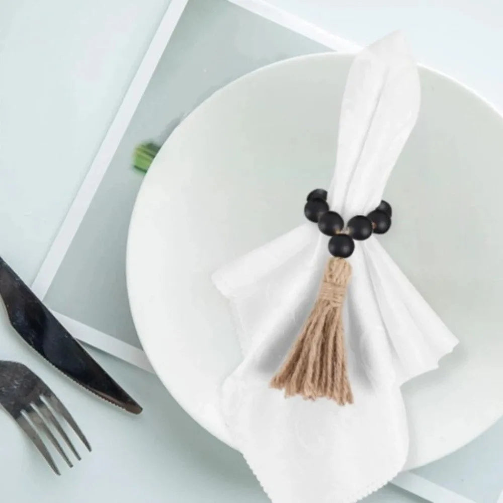 Farmhouse Wooden Bead Napkin Rings — Set of 6 with Tassel String | Handmade Table Decor