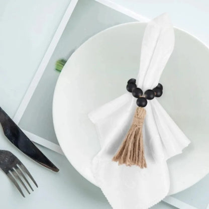 Farmhouse Wooden Bead Napkin Rings — Set of 6 with Tassel String | Handmade Table Decor