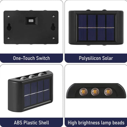 Solar Outdoor Wall Lamp — IP65 Waterproof Up & Down Warm Light for Garden, Balcony & Yard in 6 Sizes