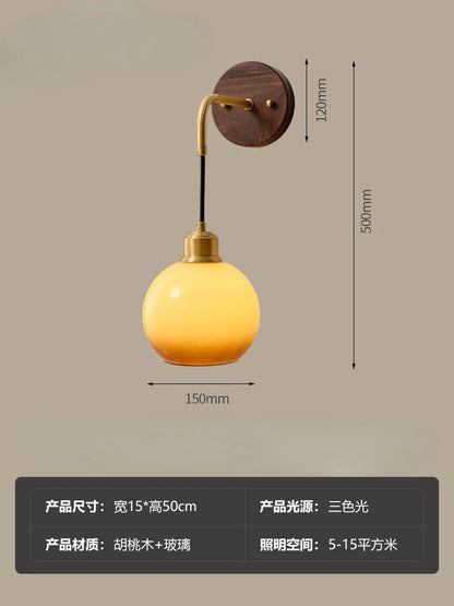 Japanese Retro Copper Wall Lamp — Walnut Wood & Frosted Glass Sconce for Bedroom & Hallway