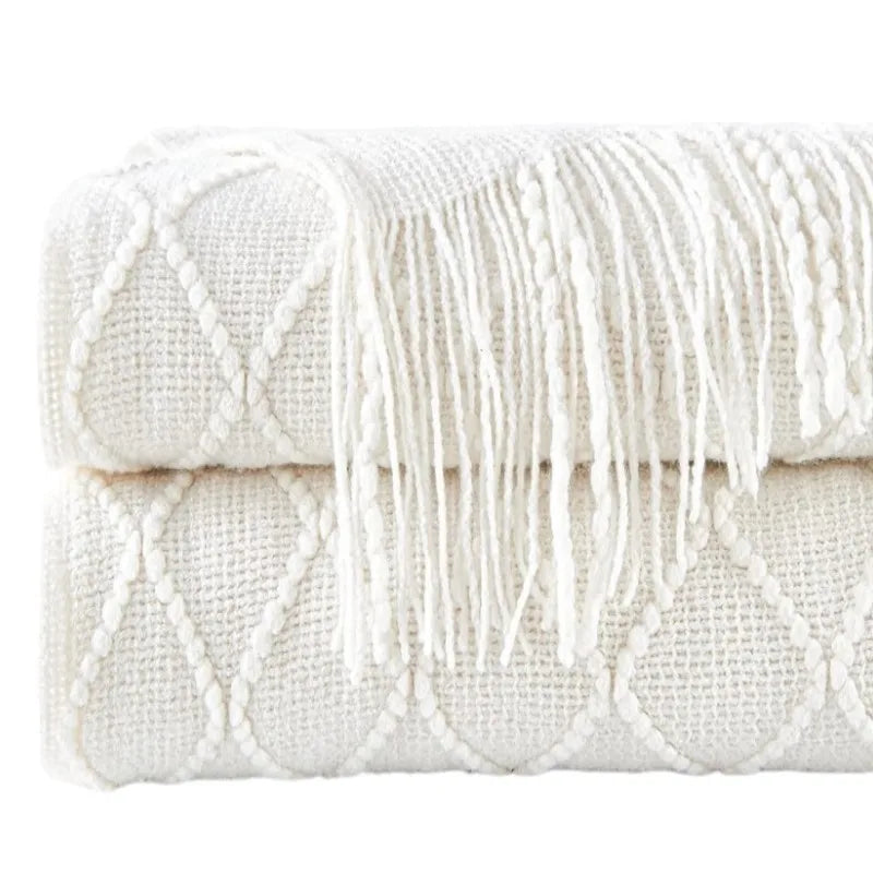 Diamond Knit Throw Blanket with Tassels | Boho Woven Acrylic Blanket