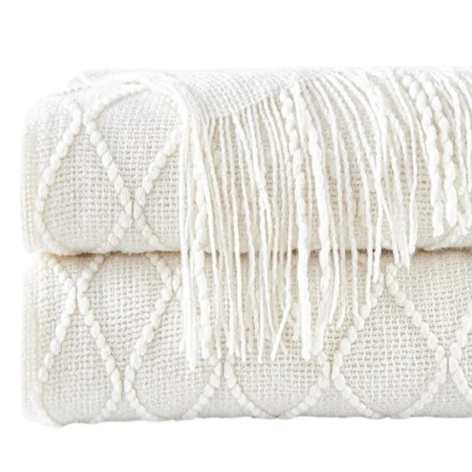 Diamond Knit Throw Blanket with Tassels | Boho Woven Acrylic Blanket