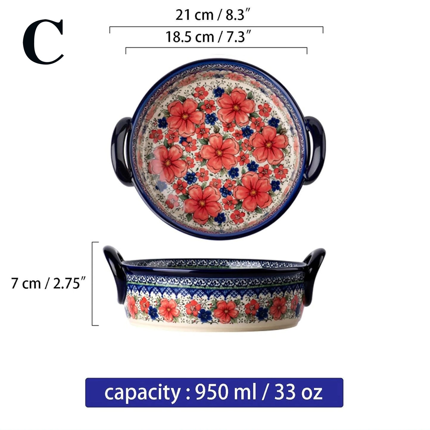 Hand-Painted Floral Ceramic Roasting Pan with Handles — Oven-Safe Casserole & Baking Dish