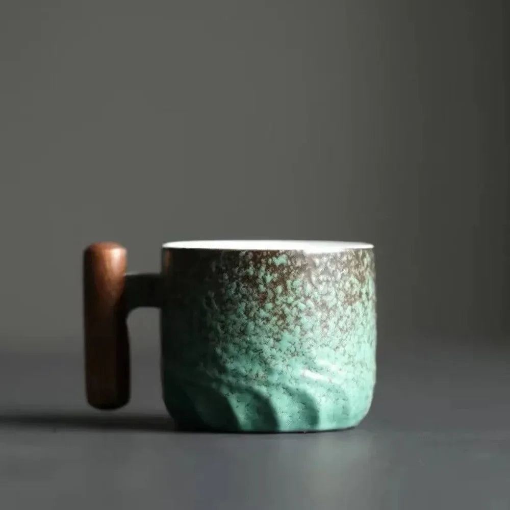 Handmade Kiln-Glazed Ceramic Espresso Mug with Wooden Handle — Retro Italian Style Coffee Cup