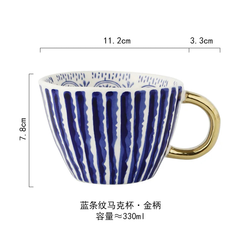Hand-Painted Geometric Ceramic Mug with Gold Handle — Handmade Irregular Cup for Coffee & Tea