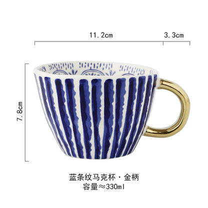 Hand-Painted Geometric Ceramic Mug with Gold Handle — Handmade Irregular Cup for Coffee & Tea