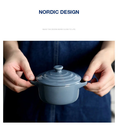 Ceramic Double Ear Bowl with Lid — Glazed Baking Bowl for Steamed Eggs, Soup & Pudding