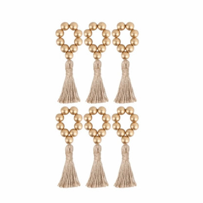 Farmhouse Wooden Bead Napkin Rings — Set of 6 with Tassel String | Handmade Table Decor