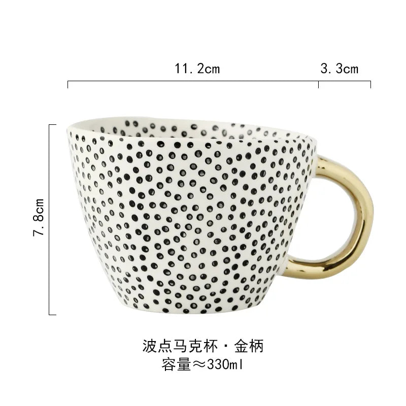 Hand-Painted Geometric Ceramic Mug with Gold Handle — Handmade Irregular Cup for Coffee & Tea