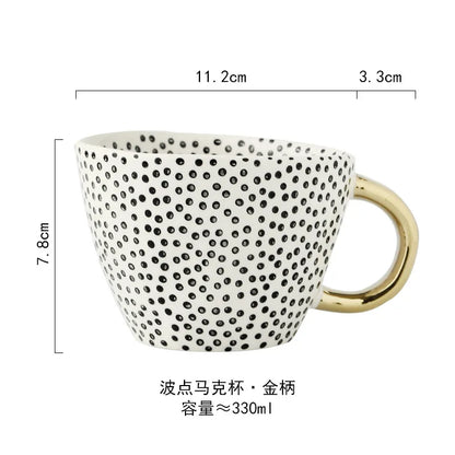 Hand-Painted Geometric Ceramic Mug with Gold Handle — Handmade Irregular Cup for Coffee & Tea