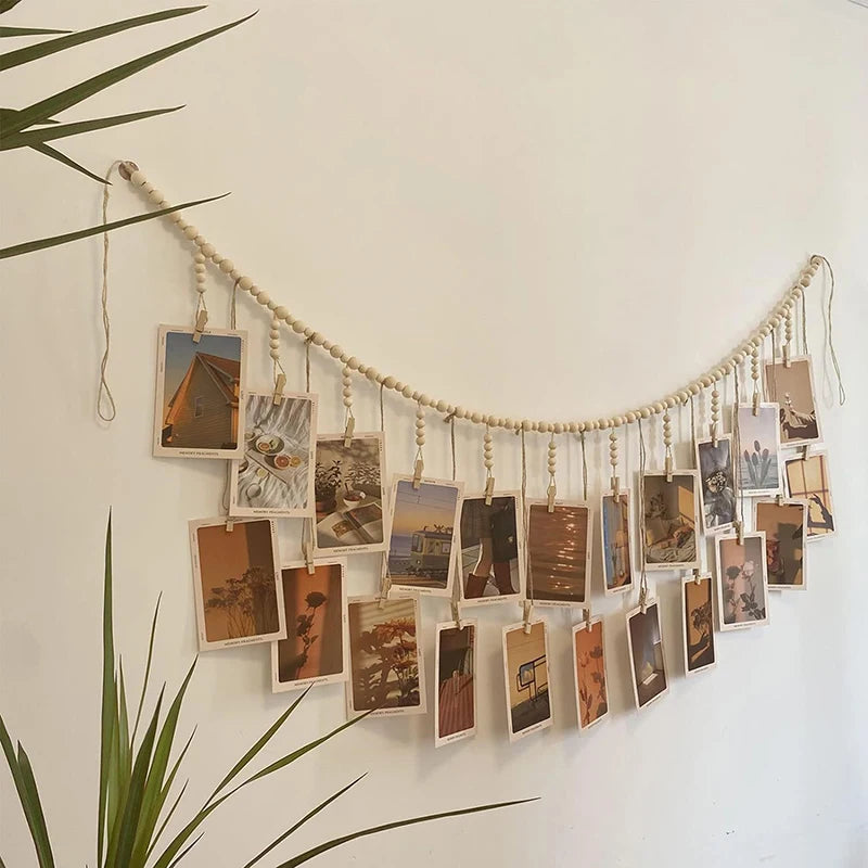 Boho Photo Display Wall Hanging — Wooden Bead & Hemp Rope Macrame with Clips