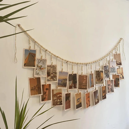 Boho Photo Display Wall Hanging — Wooden Bead & Hemp Rope Macrame with Clips