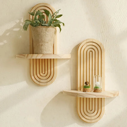 Boho Geometric Wooden Wall Shelf — Natural Finish Plant & Decorative Display Shelf, Single or 2-Layer