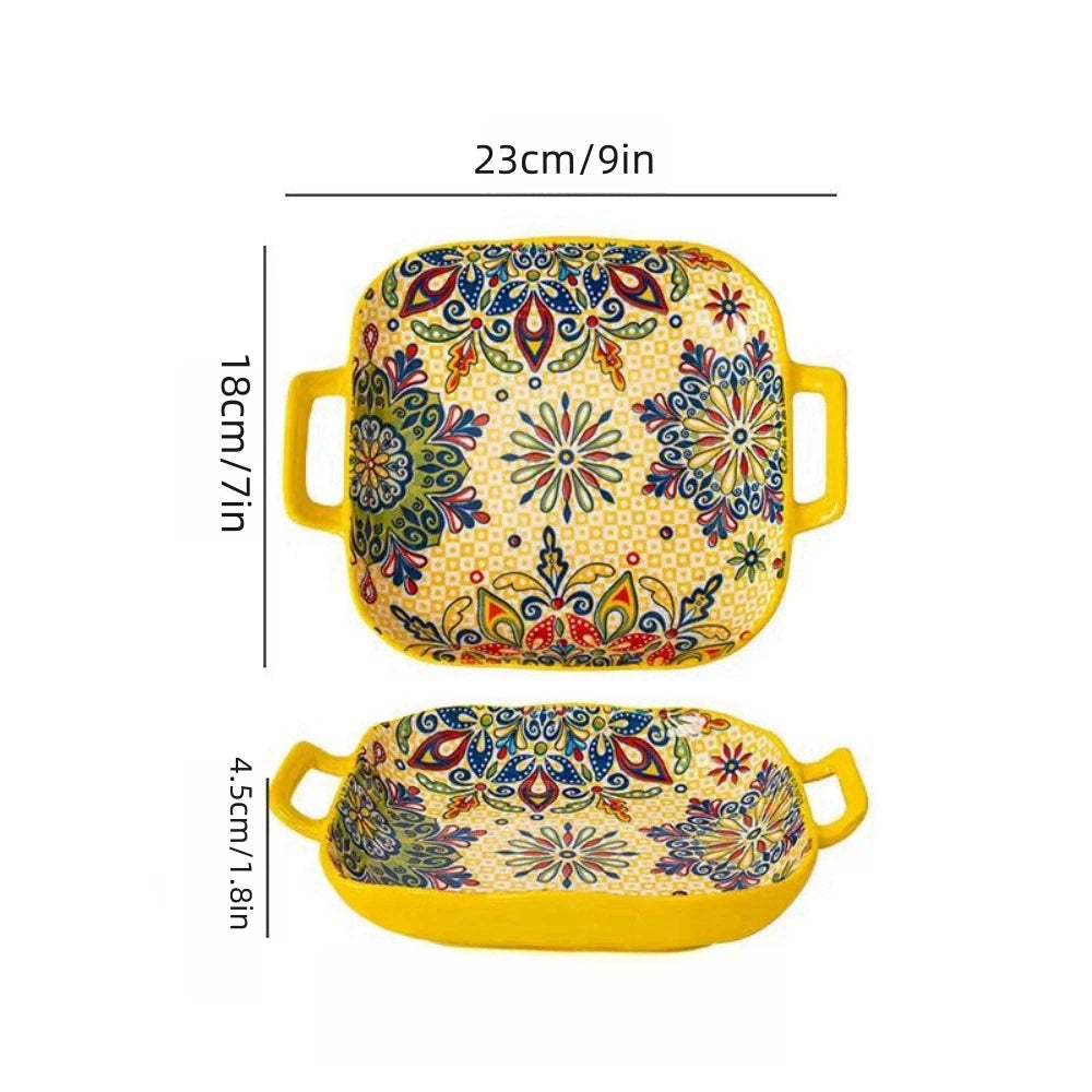 Bohemian Double Ear Ceramic Salad Plate — 9-Inch Square Pasta Dish, Oven & Microwave Safe in 8 Colors