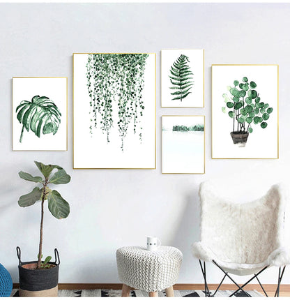 Scandinavian Tropical Leaves Canvas Poster — Unframed Green Botanical Wall Art in 11 Sizes