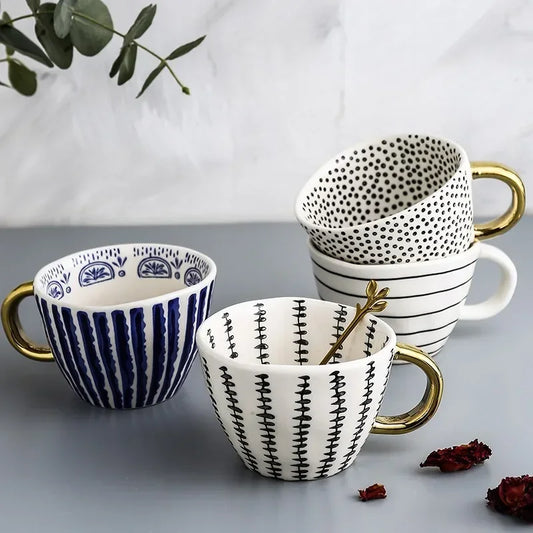 Hand-Painted Geometric Ceramic Mug with Gold Handle — Handmade Irregular Cup for Coffee & Tea
