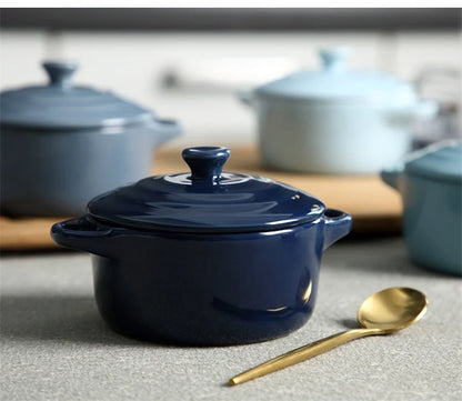 Ceramic Double Ear Bowl with Lid — Glazed Baking Bowl for Steamed Eggs, Soup & Pudding