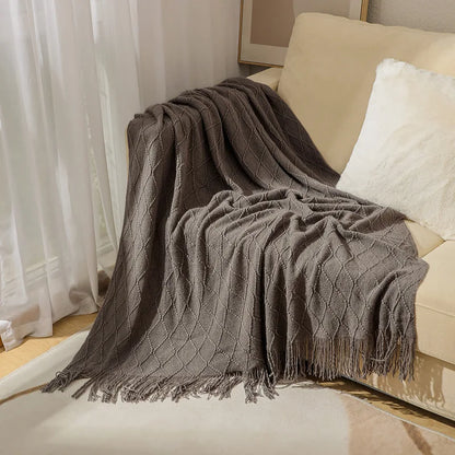 Diamond Knit Throw Blanket with Tassels | Boho Woven Acrylic Blanket