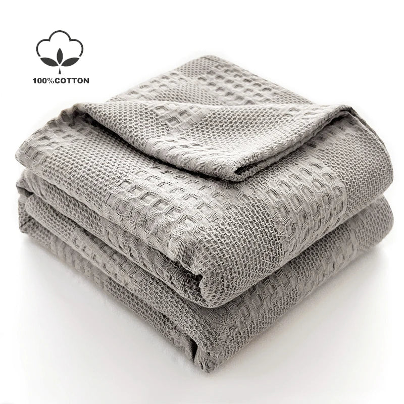 100% Cotton Waffle Knit Throw Blanket — Soft Breathable Sofa & Bed Throw