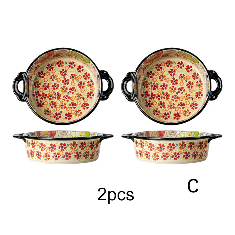 Hand-Painted Floral Porcelain Baking Dish Set — Oven Safe Au Gratin Dish with Handles in 3 Designs