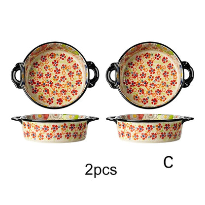 Hand-Painted Floral Porcelain Baking Dish Set — Oven Safe Au Gratin Dish with Handles in 3 Designs