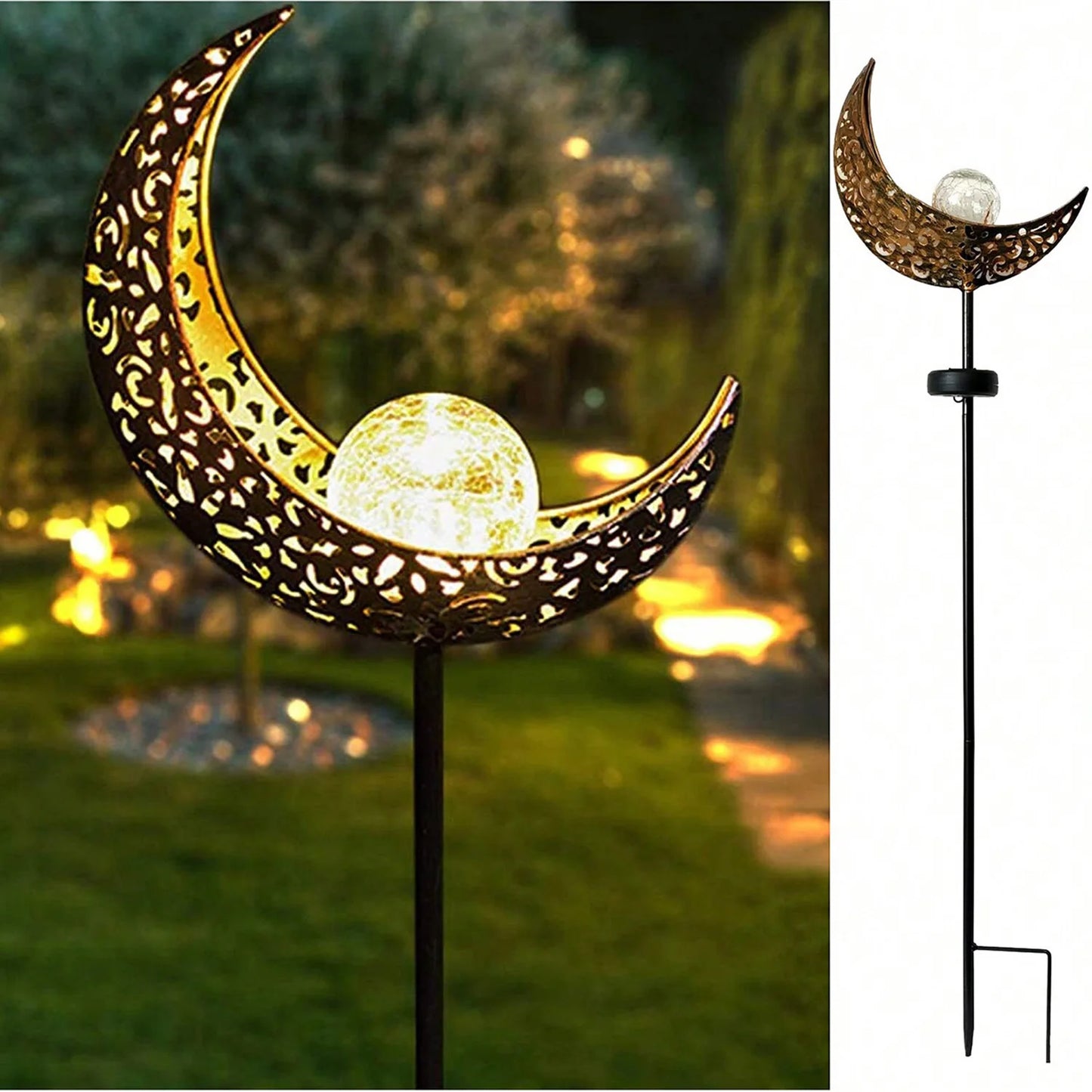 Solar Moon Fairy Garden Stake Light — Crackle Glass Warm White LED Outdoor Decor