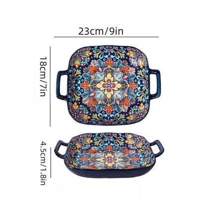 Bohemian Double Ear Ceramic Salad Plate — 9-Inch Square Pasta Dish, Oven & Microwave Safe in 8 Colors